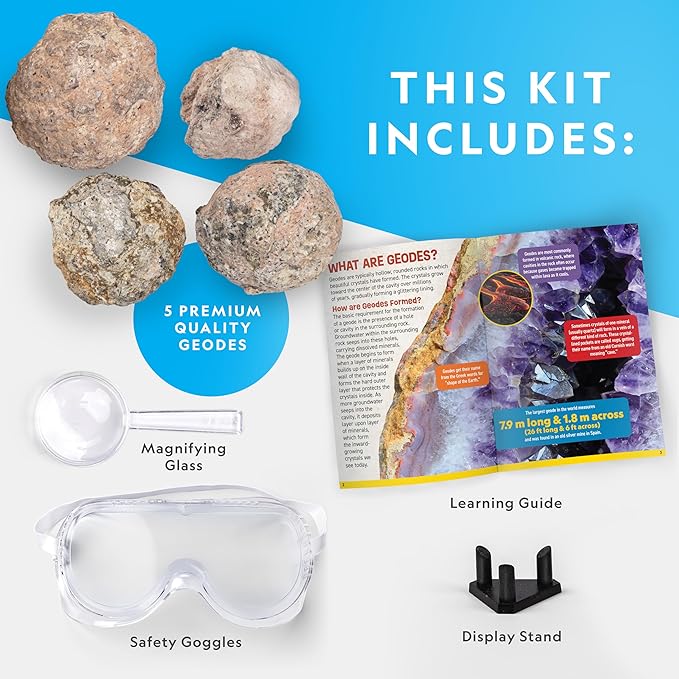 NATIONAL GEOGRAPHIC Break Open 4 Geodes Science Kit – Includes Goggles and Display Stand - STEM Science Gift for Boys and Girls, Break Your Own Geodes with Crystals (Amazon Exclusive)