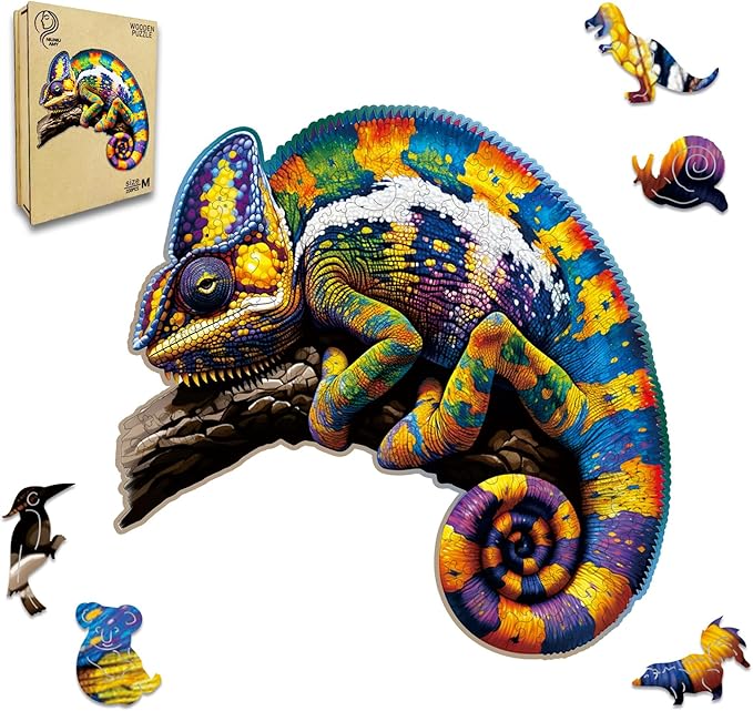 Wooden Puzzles,Chameleon Jigsaw Puzzles,200 Pieces Colorful Animal Puzzle,Birthday Gift Family Game 11 x 11 Inch,Unique Shaped Wooden Puzzle for Adults