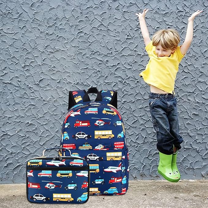 Kids School Backpack with Lunch Box for Boy Kindergarten BookBag School Bag Preschool Kindergarten Toddler Backpack (Car Airplane Pattern-Navy)