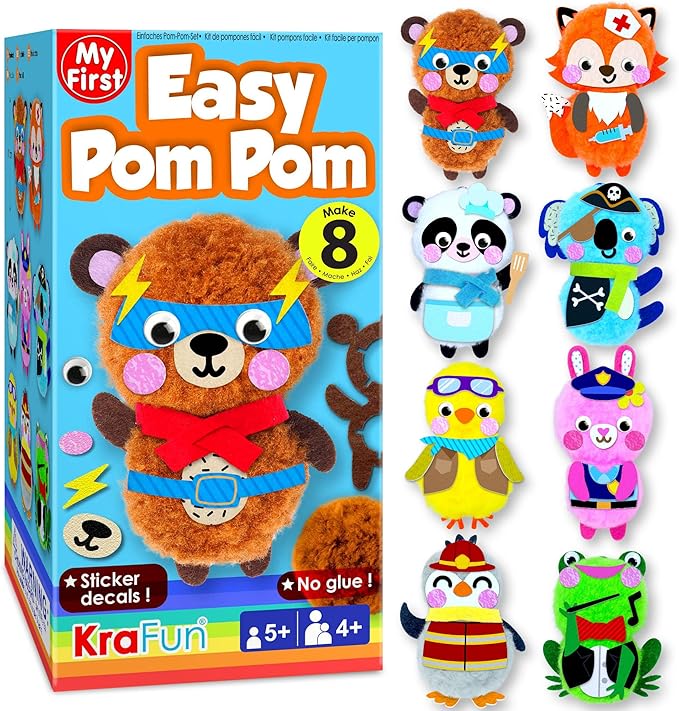 KRAFUN Easy Pom Pom Craft Kit for Kids, 8 Animal Crafts (Bear, Bunny, Panda), Felt Stickers, Instructions, Creative DIY Set for Girls and Boys, Educational Toy