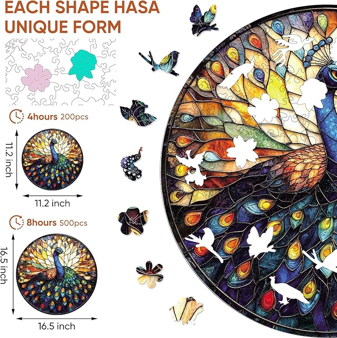 Wooden Puzzles for Adults, Peacock Jigsaw Puzzles, Unique Shape Adult Puzzles, Irregular Christmas Thanksgiving Gifts for Family Friend(11.2 * 11.2 in-200pcs)