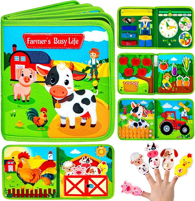 Quanquer Montessori Busy Book for Toddlers 1-3 - Farm Animal Sensory Busy Board for 1 Year Old Boys and Girls, Educational Travel Toy for Airplane Car Activities, Birthday Christmas Toddler Gifts