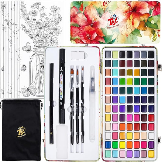 TBC The Best Crafts 84 Colors Watercolor Paint Set For Kids, Students and Artists, Amateur,Beginner.Set includes Coloring Sheets, Black Dual Tip Acrylic Paint Markers, Storage Bag