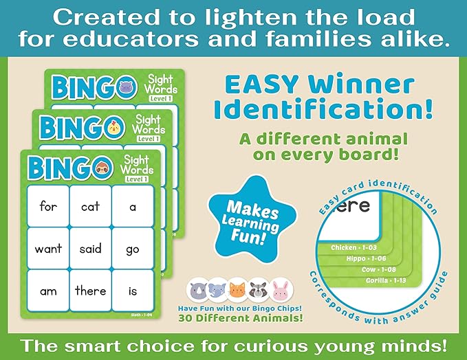 Sight Words Bingo Game for Kindergarten, Learn to Read Sight Word Cards, Word Games for Kids Ages 4-8, Bingo Sight Words Level 1&2