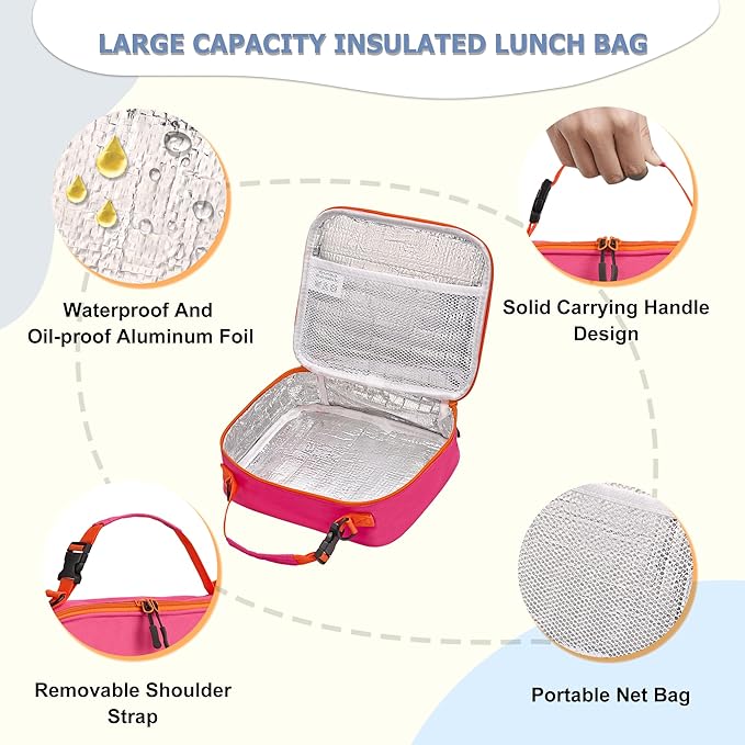 MAISON HUIS Kids Bento Box Set - Includes 8oz Soup Thermo, Insulated Lunch Bag & 17oz Stainless Steel Water Bottle, 5-Compartment Bento Box with Built-In Ice Pack, Leak-Proof & BPA-Free(Pink)