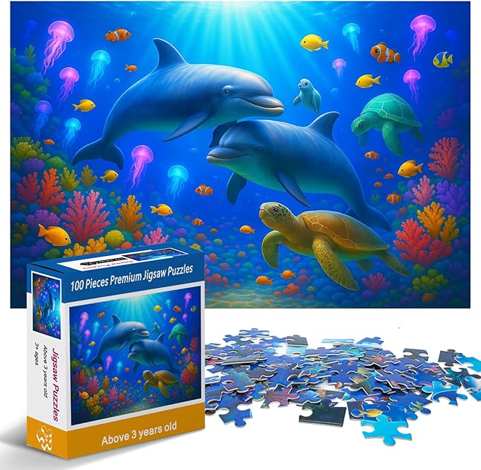 100-Piece Colorful Ocean Puzzles for Kids Ages 4-6 6-8 8-10, 100-Piece Jigsaw Puzzle with Dolphins, Sea Turtles, Fish & Coral โ Educational Toy for Boys & Girls โ Underwater Animal Puzzle Game