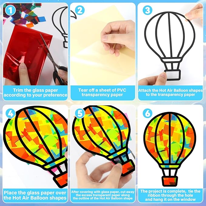 QOUBAI 32 Sets Air Balloons Suncatchers Craft Kit DIY Window Stained Glass Effect Hot Air Balloons VBS Paper Craft Home School Classroom Decoration Kid Birthday Gift Creative Art Project Activity Game