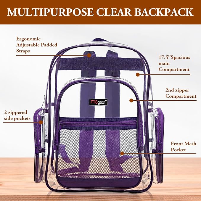 17 Inch Clear PVC Backpack with Purple Trim and 5 Zipper Compartments, Transparent School Bookbag for Boys Girls, Travel or Work Bag for Men Women