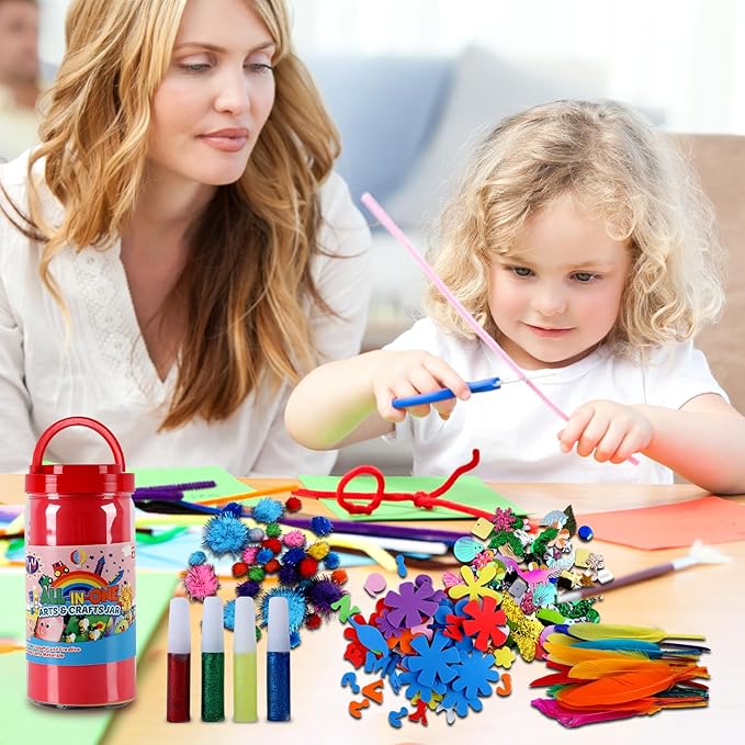 Qukou Arts and Crafts Supplies Kit for Kids- 550+ DIY Art Kit with Glitter Glue, Gem Stickers, Pompoms & Tools in Storage Jar Portable Travel Crafts for Ages 4+ Birthday, Christmas (Art Deco)