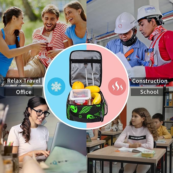Green Ufo Alien Star Reusable Lunch Box Food Bag Insulated Lunch Bag for Teenage Boys Girls School Beach