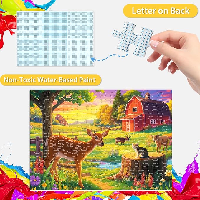 100 Pieces Jigsaw Puzzles for Adults - Deer Cat Puzzles for Kids Ages 4-6 6-8 8-10 10-12 Kids Learning Educational Puzzle Toys for Boys and Girls - Farm Kitten and Cow