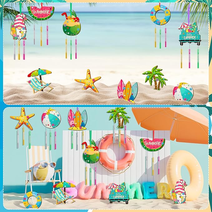 JellyArch 30 Pack Summer Wind Chime Making Kit for Kids, Summer Watermelon Coconut Beach Gnome DIY Wind Chime Wooden Crafts Kit Ornaments for Girls and Boys Activity Birthday Outdoor Decoration