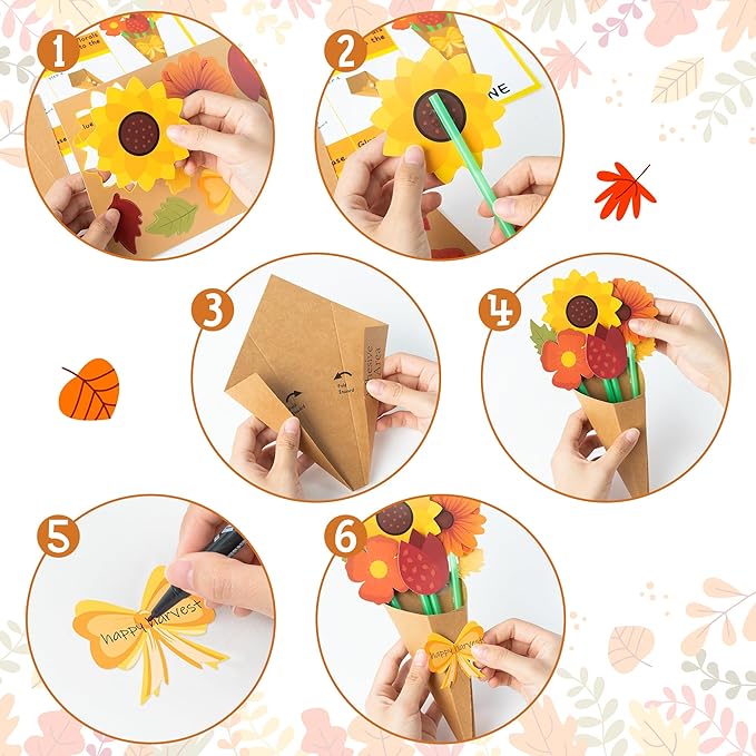 BeYumi Flower Bouquet Craft Kit - 48Pcs Fall DIY Gift for Kids, Make Your Own Thankful Autumn Florals, Thanksgiving School Classroom Home Fun Activities