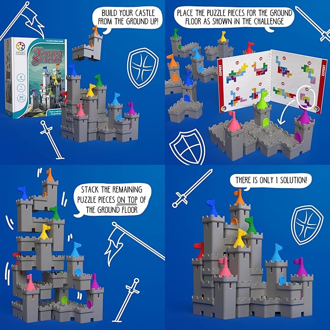 SmartGames Tower Stacks Castle Building Game with 80 Challenges for Ages 8-Adult