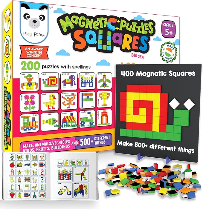 Magnetic Tangram Puzzles Toys for Kids | 400 Magnet Squares Shapes with 200 Patterns Booklet, Board & Display Stand | STEM Educational and Learning Games for Ages 4 5 6+ Years|Gifts for Girls & Boys