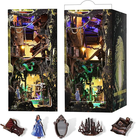 DIY Book Nook Kit for Adults, 3D Wooden Puzzle Bookend Bookshelf Insert Decor with LED Light and Dust Cover (Down The Rabbit-Hole Alice in Wonderland)