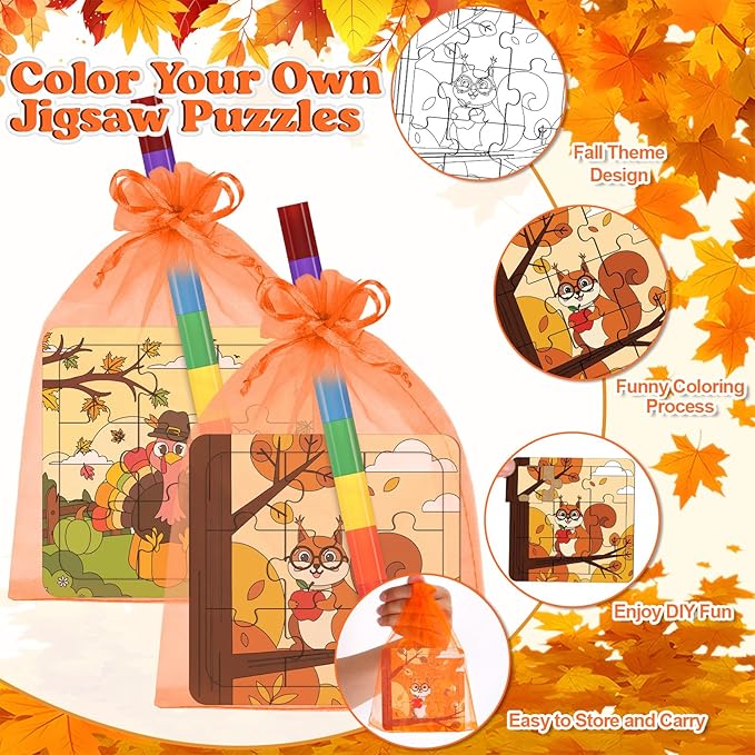 12 Sets Fall Puzzles Color Your Own Puzzles DIY Jigsaw Crafts with 12 Stackable Crayons and 12 Bags for Learning Education Toys Gifts Prizes Birthday Party Supplies(12, Fall)