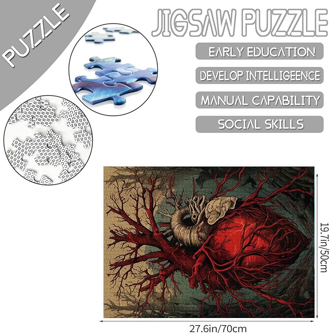 Human Organ 1000 Piece Jigsaw Puzzles for Adult Abstract Men Heart Painting Jigsaw Puzzle Body Structures 1000 Pieces Puzzles Game Nordics Wall Decor DIY Craft Anatomy Puzzle Art Hospital Decor(Grey)