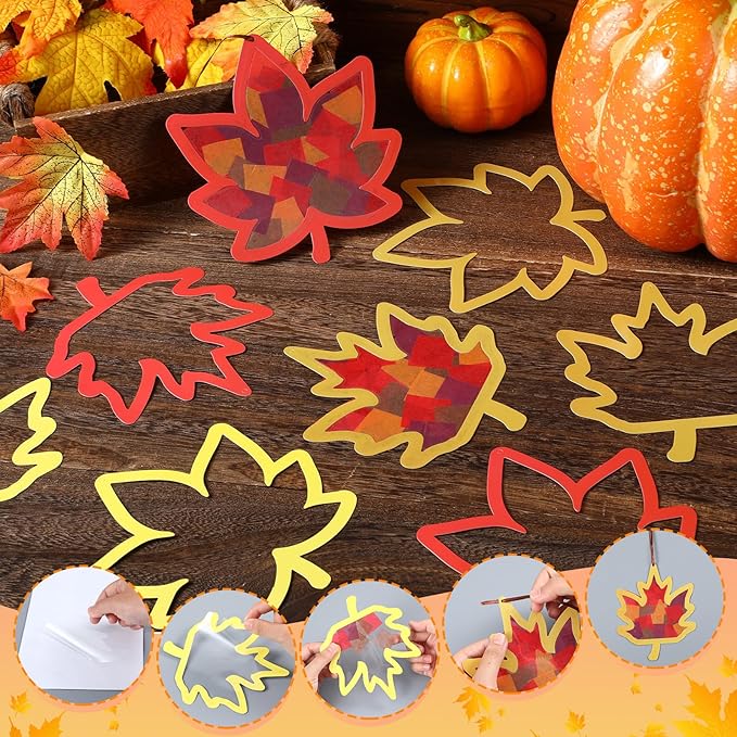 Chiisong 24 Sets Maple Crafts Kit DIY Tissue Paper Sign Crafts for Back to School Fall Harvest Thanksgiving Religious Christian Party Fun Home Actives