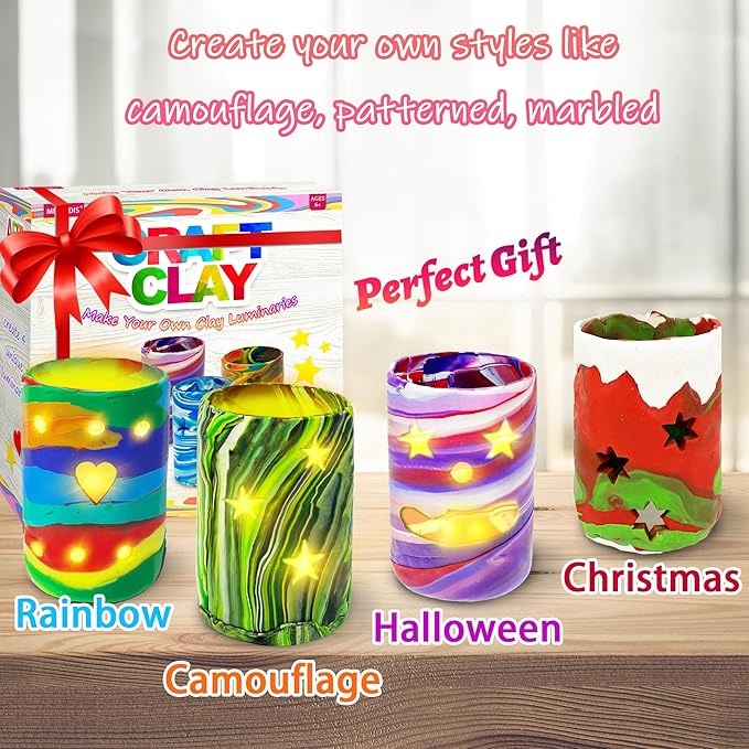 MHMYDIS Make Your Own Clay Luminaries - Arts and Crafts kit for Boys Girls and Teens Age 6 7 8 9 10 11 12 Year Old and up - Creative Clay Lantern Toys for 8-12 Year Olds
