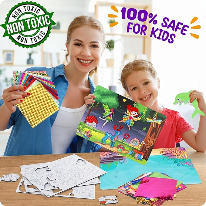 Alritz Arts and Crafts,Foil Crafts Fun Kit, Art Kit Toys for Kids Animals Space Cars, Foil Stickers Supplies,Travel Toys DIY Christmas Gifts for Girls Boys 4 5 6 7 8 9 10 11+ Years Old (12 Theme)