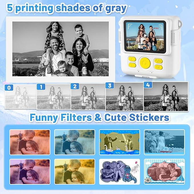 Instant Print Camera for Kids with 3 Rolls of Printer Paper, 1080P Toddler Digital Camera Toys for Age 3-12 with 32GB SD Card, Christmas & Birthday Gifts for 3 4 5 6 7 8 Year Old Girls & Boys (White)