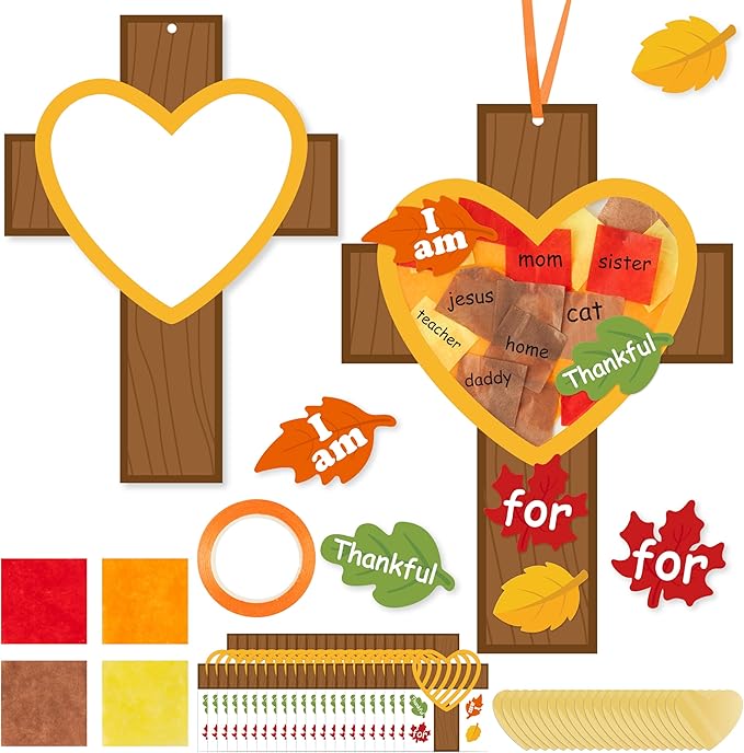 WATINC Fall Cross Suncatchers Craft - DIY Religious Thanksgiving Thankful Tissue Paper Hanging Ornament Kit, Make Your Own Creative Christian Crosses Decor Fun Activities for School Classroom (24Pcs)