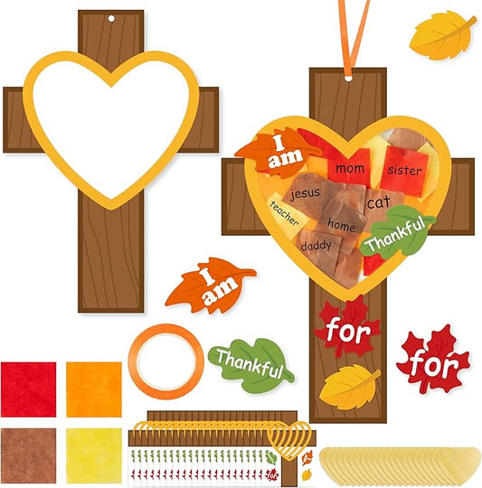 WATINC Fall Cross Suncatchers Craft - DIY Religious Thanksgiving Thankful Tissue Paper Hanging Ornament Kit, Make Your Own Creative Christian Crosses Decor Fun Activities for School Classroom (36Pcs)