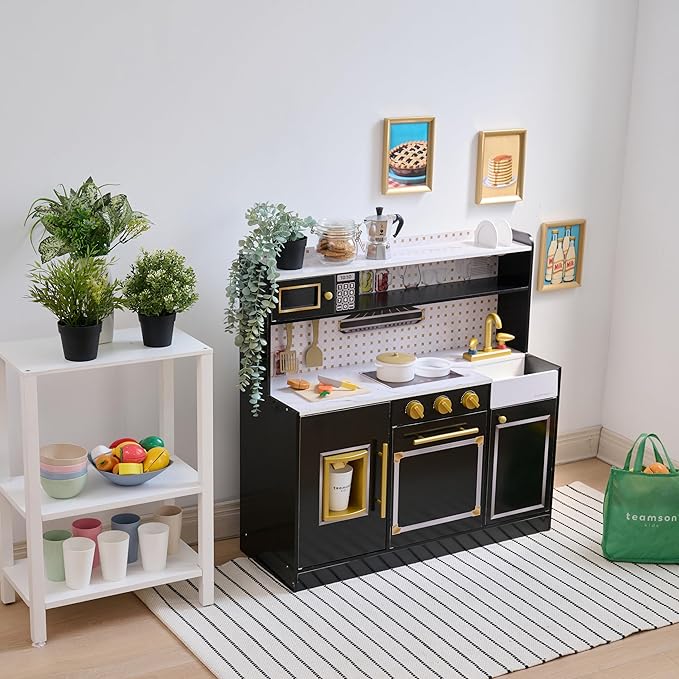 Teamson Kids Wooden Play Kitchen for Toddlers with Accessories, Pretend Cooking Set for Kids Age 3+, Black Toy Kitchen Playset, Retro Design, Realistic Features for Boys & Girls, St. Louis Collection