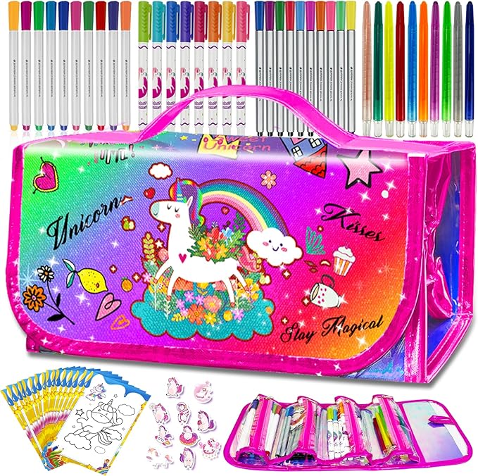 weirtoya 70 PCS Washable Scented Markers Set with Glitter Pencil Case, Mermaid Unicorn Arts and Crafts for kids 4-6-8 Kids Coloring Drawing Kits for 4-8 Years Old Girls Birthday Gifts