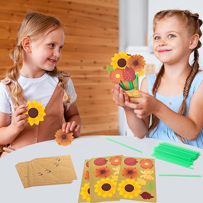 BeYumi Flower Bouquet Craft Kit - 72Pcs Fall Flower Bouquet Craft for Kids Make Your Own Thankful Fall Florals Kit Autumn Thanksgiving Appreciation DIY Gift Set School Classroom Home Fun Activities