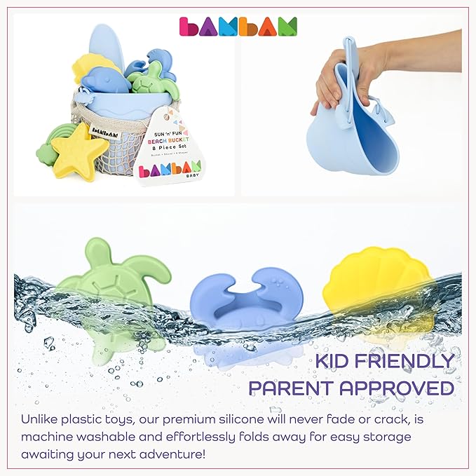 BAMBAM Baby โ Premium Silicone Beach Toys for Toddlers & Baby | 100% BPA Free, Safety Tested | 8 Piece Sand Bucket Set for Kids Ages 6 Months and Up (Beach Blue)