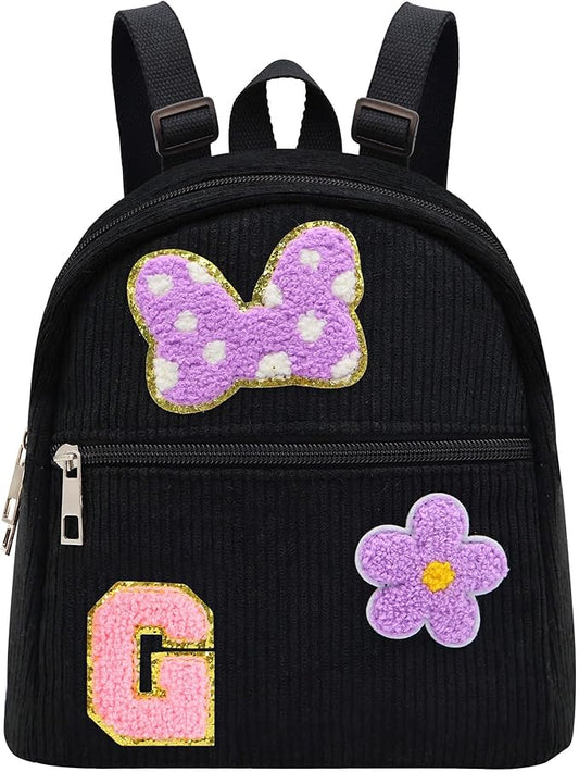 2 3 4 5 6 Year Old Girl Gifts Chenille Initial Mouse Bow Mini Backpack, Corduroy Toddler Backpacks Christmas Birthday Gifts for Girls 2-4 5-6, Black Mini Diaper Bag Must Haves for Park Travel Letter G