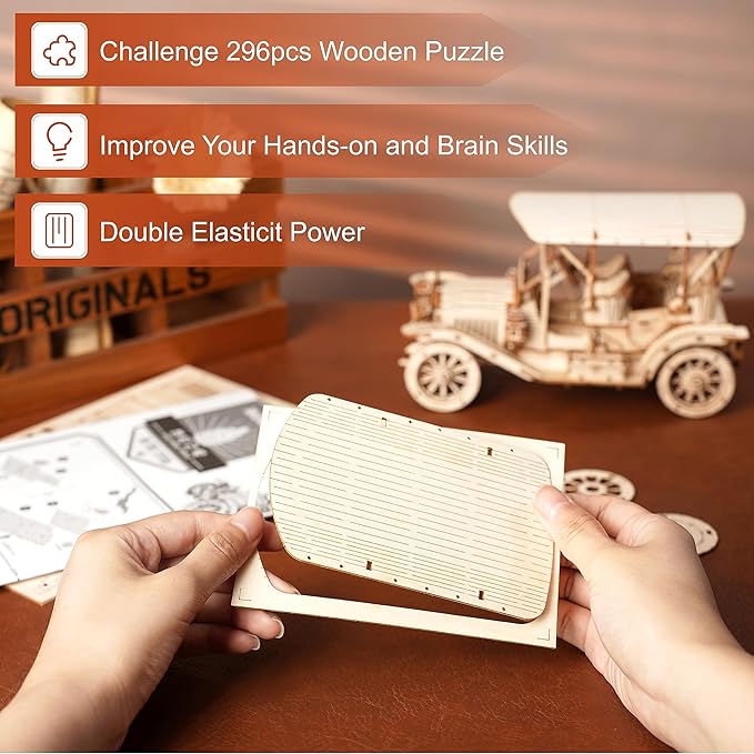 ROBOTIME MC801 Vintage Car 3D Puzzle, 3D Wooden Puzzle Retro Model Kit for Adults, Gift for Antique Car Lovers, Aesthetic Home Decor