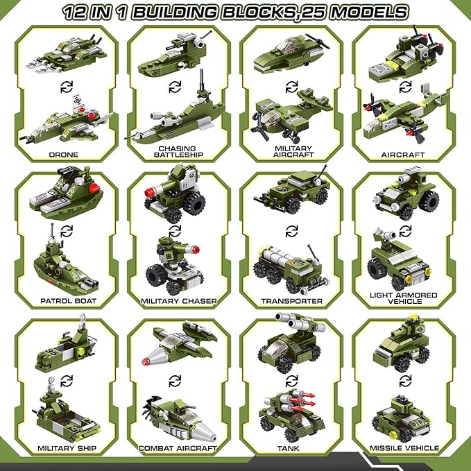 STEM Building Block Toys, 576PCS Military Engineering Building Bricks Toy for Kids, 25-in-1 Army Destroyer Fighter Tank Playset Construction Kits, Idea Toy Gifts for Age 6 7 8 9 10+ Years Old