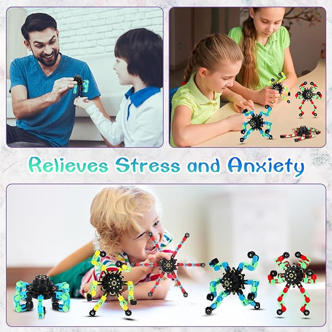 100 Pcs Funny Sensory Fidget Toy Bulk Transformable Chain Robot Finger Toys Fidget Spinners Stress Relief Fingertip Gyro Deformable Mechanical Spiral Spinner for Adult Kids ADHD(Glow)