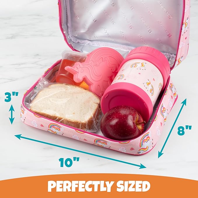 Bentology Kids Lunch Bag Set w Matching Reusable Food Jar & Hard Ice Pack- Unicorn- Insulated Tote, Stainless Steel thermos & Freezer Pack to Keeps Food Fresh for Hours- Back to School Lunch Box Kits