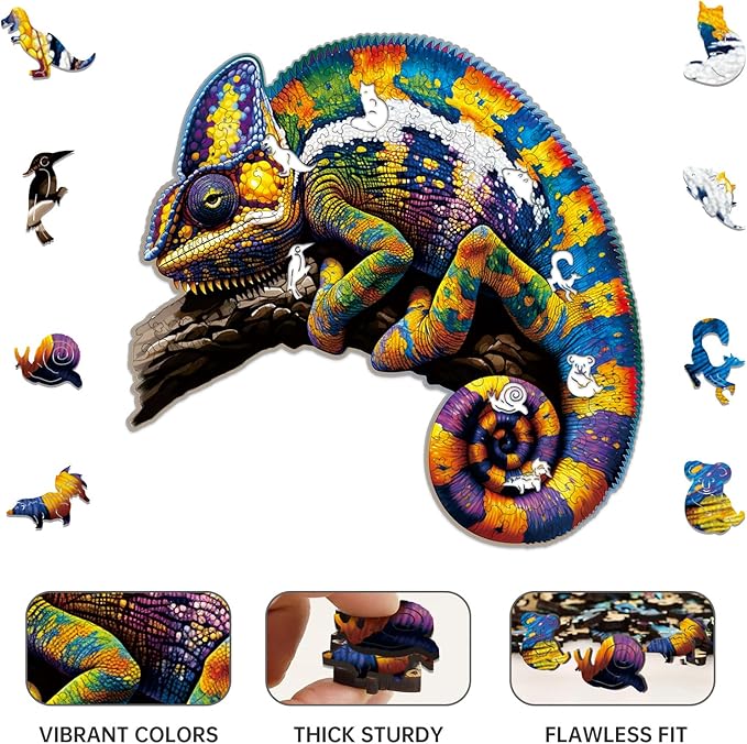 Wooden Puzzles,Chameleon Jigsaw Puzzles,200 Pieces Colorful Animal Puzzle,Birthday Gift Family Game 11 x 11 Inch,Unique Shaped Wooden Puzzle for Adults