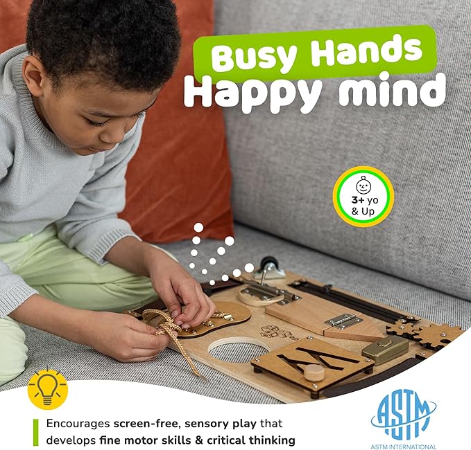 Montessori Busy Board for Toddlers, Premium Wooden Toddler Busy Board for 1 2 3 Year Old with 10 Educational Activities for Fine Motor Skills, Sensory Activity Toy for Travel, Gift for Boys & Girls