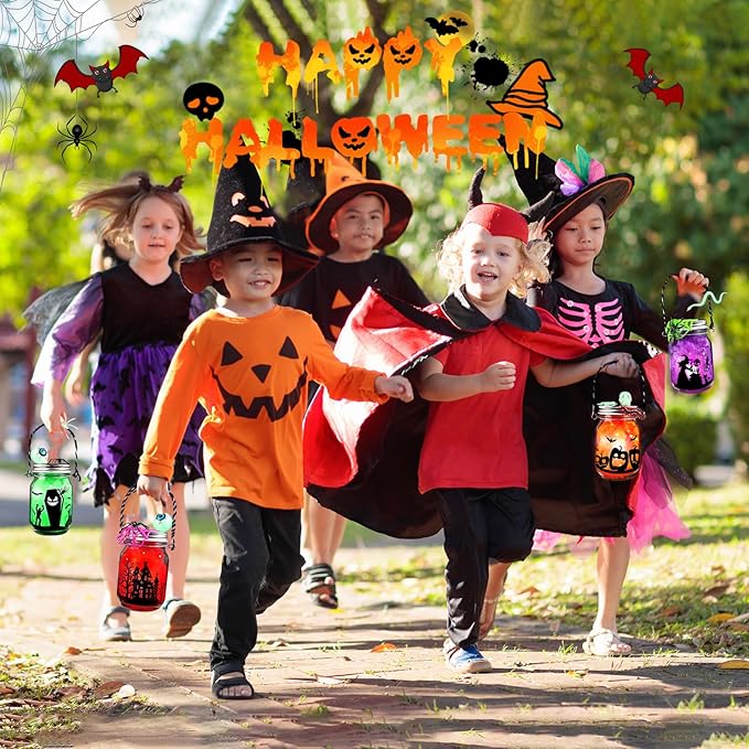 Letapapa Halloween Crafts for Kids, 4 PCS Mason Jar with Accessories for DIY Craft, Art Party Favor Supplies, Halloween Decoration Trick or Treating, Classroom Art Activities