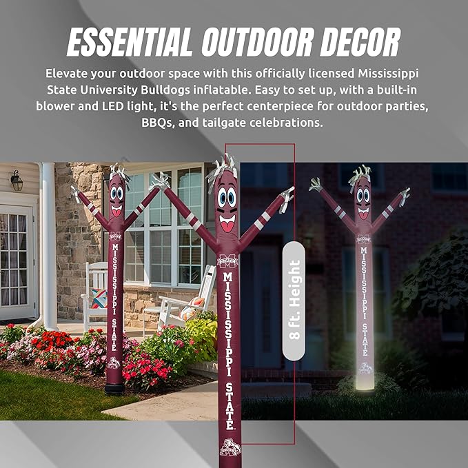 NCAA Mississippi State Football Wacky Waving Inflatable Tube Guy with LED Lights & Built-in Blower - 6" x 36" x 96" Inflatable Tube Man Crazy Sports Fan Outdoor Party Decoration