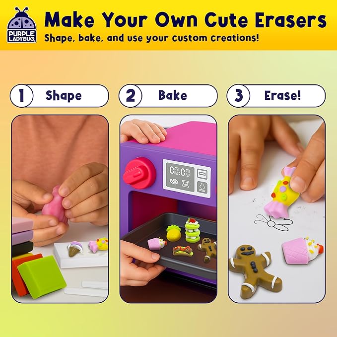 PURPLE LADYBUG Eraser Lab DIY Clay Kit - Food-Themed Fun Eraser for Kids Craft Set, 8 Clay Colors, Mold Tray & Shaping Tools, Creative Activity for Boys & Girls Aged 4+, Gift for Birthday, Christmas