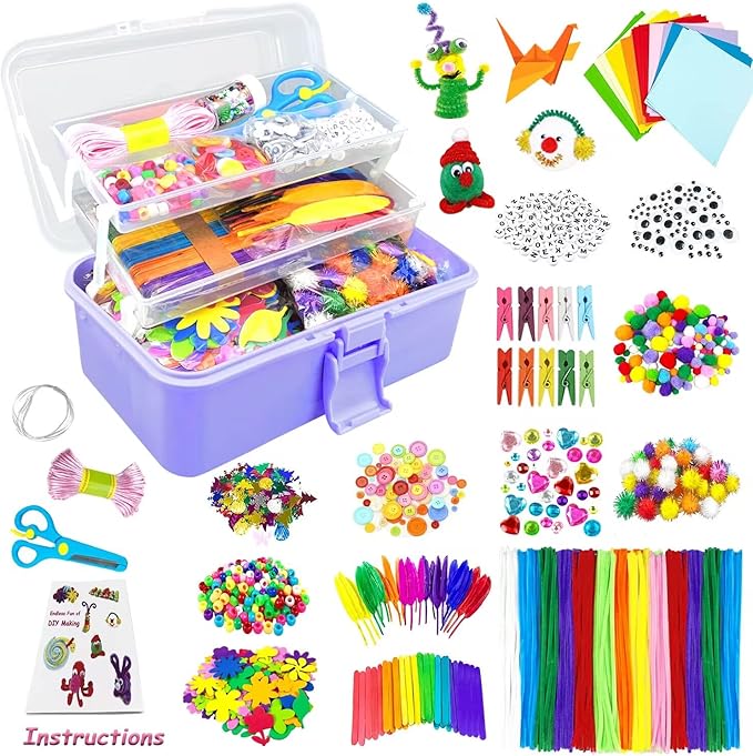 VLUSSO Arts and Crafts Supplies for Kids DIY Craft Kits Art Supplies Materials Kids Crafts Set with Pipe Cleaners Craft Box Preschool Homeschool Toys Gift for Boys and Girls Age 4 5 6 7 8