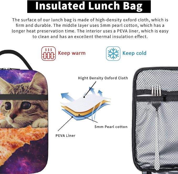 Galaxy Pizza Cat Reusable Lunch Box Food Bag Insulated Lunch Bag for Teenage Boys Girls School Beach