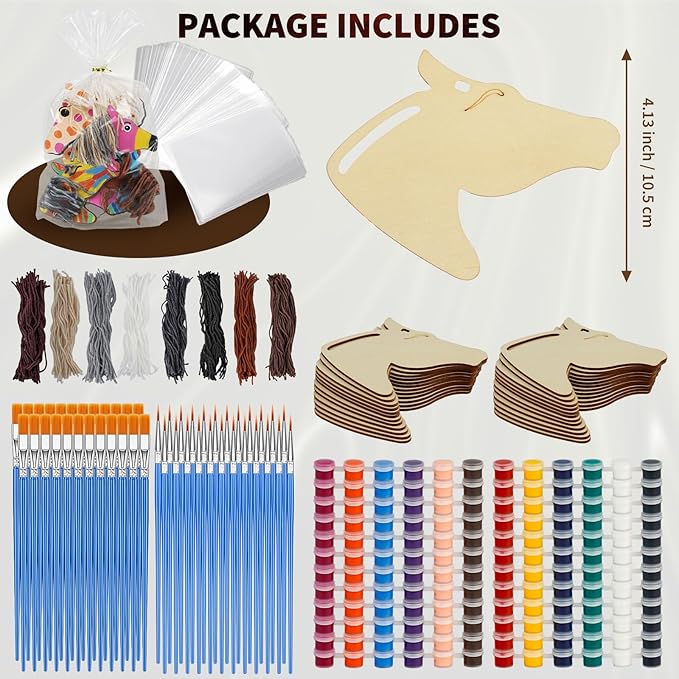 Horse Party Favors Birthday Supplies,24 Pcs Wooden Horse Craft Painting Kit,Unicorn Ornament,DIY Cowboy Craft Gift Tags,Unfinished Wooden Cutouts(25 Gift Bags + 48 paintbrushes)