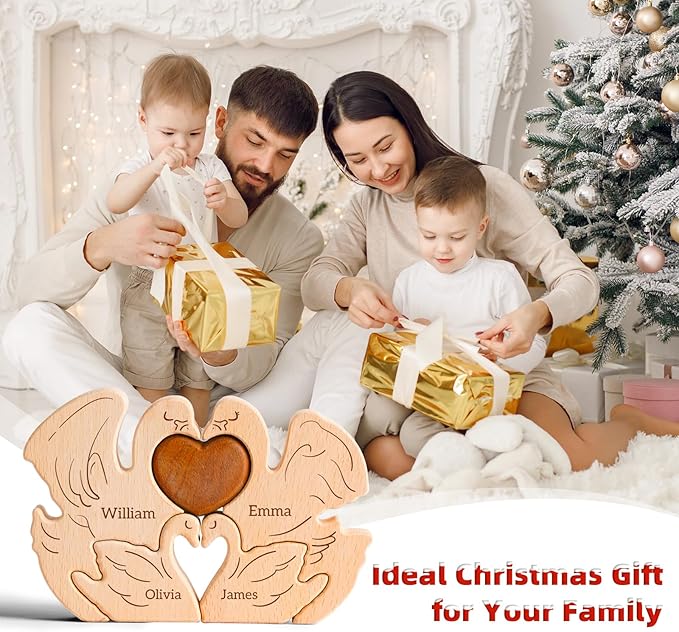 Wooden Swan Family Puzzle, Personalized Puzzles with 2-5 Names, Mothers Day Birthday Personalized Gifts for Mom Dad Kids Boys Girls Grandma Toddler, Christmas Thanksgiving Decor