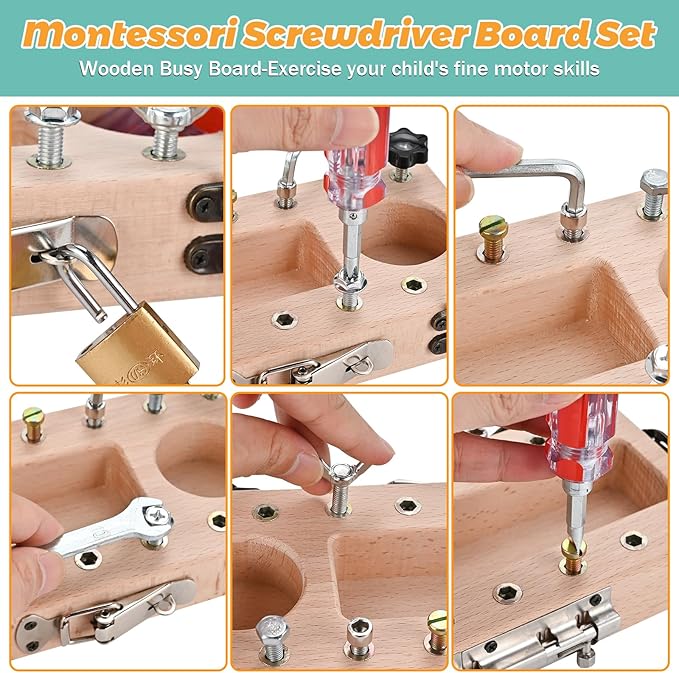 Wooderma Montessori Toys for 3 4 5 Year Old with Lock and Key, Wooden Sensory Toddler Screwd Tool Set, Montessori Screwdriver Board Set, Fine Motor Skills Toys for Educational Preschool Gift for Boys