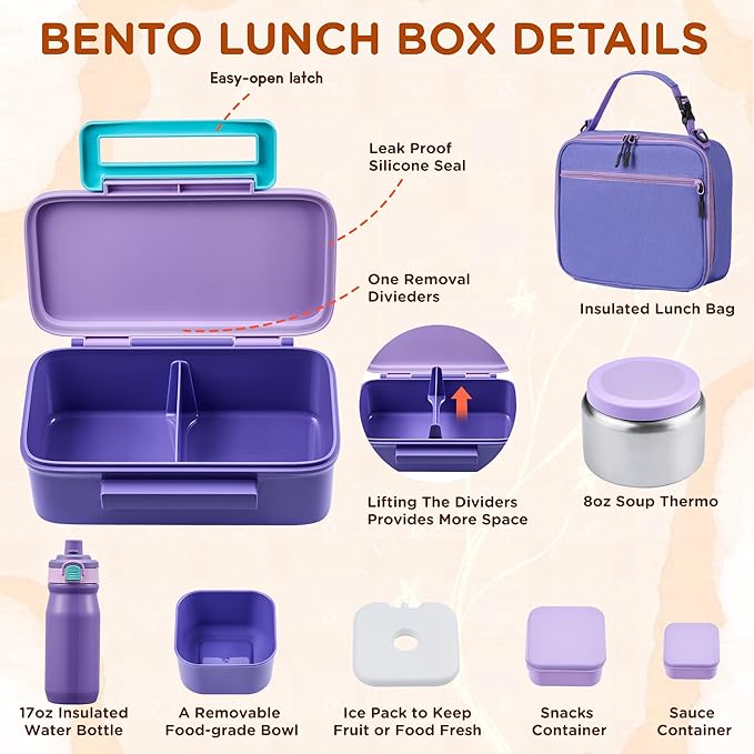 Bento Lunch Box for Kids With 8oz Thermo, Leakproof Bento Box with with 2 Compartments, Insulated Bottle, Lunch Bag, BPA Free Dishwasher Safe for School Girls Boys (Purple)