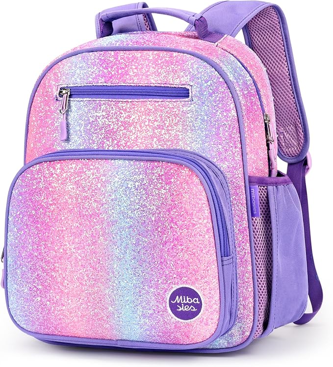 mibasies Girls Backpack 5-8: Glitter Kids Backpacks for Girls - Girl Bookbag for Elementary School - Purple