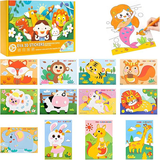 SEPSUMMER 3D EVA Sticker Craft, 12pcs/Set Sticker Puzzle Pleasure DIY Cartoon Animal Learning Education Program for Toddler Kids Art Craft Kits (Animal Carnival)